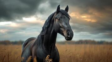 ai gegenereerd een krachtig, ebbehout paard staat hoog tegen een dramatisch, bewolkt lucht foto