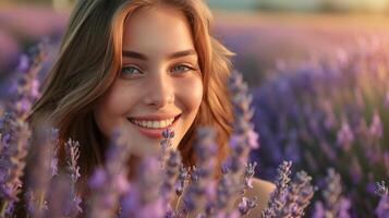 ai gegenereerd een gelukkig twinkelen in haar ogen net zo ze poses temidden van een veld- van lavendel in vol bloeien foto