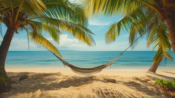 ai gegenereerd een sereen strand tafereel met een hangmat tussen palmen foto
