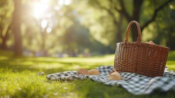 ai gegenereerd een picknick mand Aan een katoenen stof deken foto