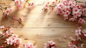 ai gegenereerd een overhead visie van een licht houten tafel met een verstrooiing van kers bloesems foto