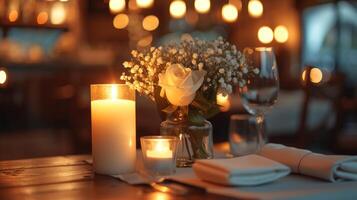 ai gegenereerd modern restaurant instellingen uitstralen romance met zacht verlichting en elegant tafel instellingen voor intiem diners foto