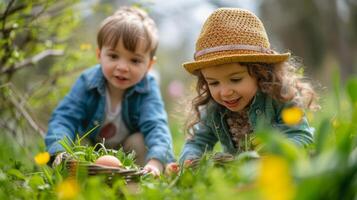 ai gegenereerd speels scènes van kinderen zoeken voor verborgen schatten temidden van weelderig groen Aan Pasen maandag. foto