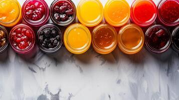 ai gegenereerd schoon en overzichtelijk achtergronden verbeterd door potten van kleurrijk fruit jam foto