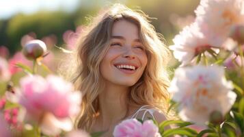 ai gegenereerd lachend temidden van een tuin van pioenrozen, ze straalt uit vreugde onder de lente zon foto
