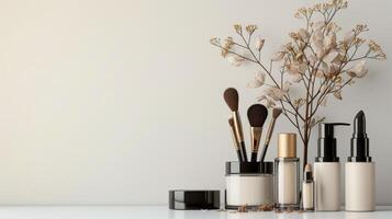 ai gegenereerd simplistisch ontwerp met essentieel decoratief cosmetica, markeren elegantie en verfijning foto