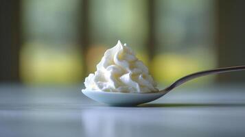 ai gegenereerd schoon en gemakkelijk uitbeelding van een lepel van yoghurt, uitstralend versheid en zuiverheid foto