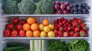 ai gegenereerd minimalistische foto met netjes geregeld fruit en groenten binnen een koelkast