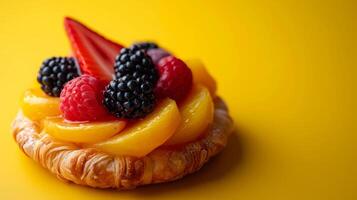 ai gegenereerd minimalistische foto presentatie van een single gebakje versierd met levendig, vers fruit