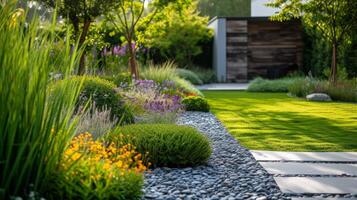 ai gegenereerd elegant samenstelling presentatie van de schoonheid van natuurlijk elementen in een voorzichtig samengesteld tuin ontwerp foto