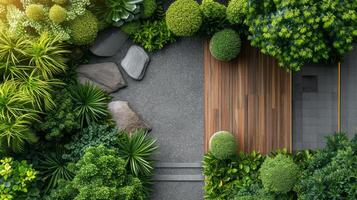 ai gegenereerd elegant samenstelling presentatie van de schoonheid van natuurlijk elementen in een voorzichtig samengesteld tuin ontwerp foto