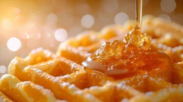 ai gegenereerd schoon samenstelling presentatie van goudbruine belgisch wafels met een motregen van esdoorn- siroop foto