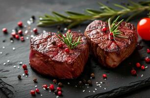 ai gegenereerd twee rundvlees hart steaks Aan een donker achtergrond foto