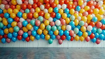 ai gegenereerd innemend beeld presentatie van een mozaïek- van kleurrijk ballonnen tegen een minimalistische instelling foto