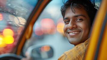 ai gegenereerd minimalistische beeld vastleggen de sereen glimlach van een jong taxi bestuurder tegen een abstract backdrop foto