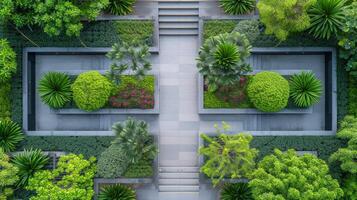 ai gegenereerd gemakkelijk nog opvallend beeld met de evenwichtig arrangement van planten en structuren in een ontwerper tuin foto