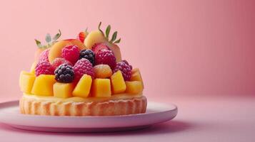 ai gegenereerd elegant samenstelling met een gebakje bekroond met exotisch fruit tegen een minimalistische backdrop foto