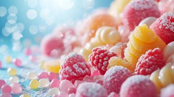 ai gegenereerd een verrukkelijk assortiment van suikerachtig snoepgoed, geregeld in een betoverend Scherm van tinten foto