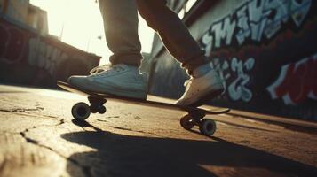 ai gegenereerd een dynamisch schot van een persoon skateboarden in een stedelijk omgeving, presentatie van vaardigheid en beweging foto