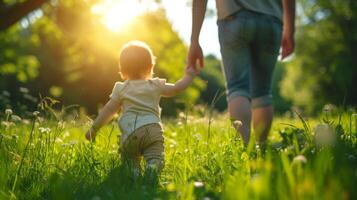 ai gegenereerd een peuter's eerste stappen Aan een met gras begroeid veld, met uitgestrekt handen bereiken voor een ouders geruststellend grip foto