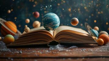 ai gegenereerd een Open boek Aan astronomie, omringd door modellen van planeten, uitnodigend exploratie van de kosmos foto