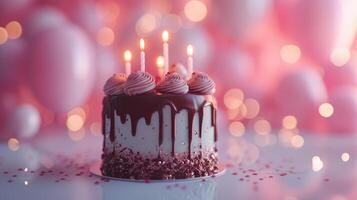 ai gegenereerd kinderachtig chocola verjaardag taart met kaarsen Aan wit verdieping in de voorgrond foto