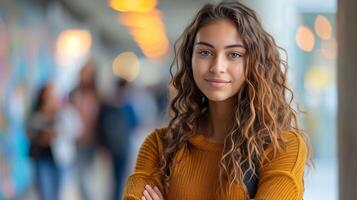 ai gegenereerd de studenten klaar en zelfverzekerd houding vitrines haar zelfverzekerdheid en binnenste sterkte foto