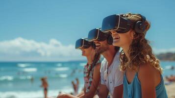 ai gegenereerd familie genieten van virtueel realiteit Aan een bezig strand, hun gelach mengen met de geluiden van de oceaan foto