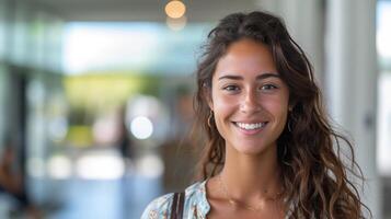 ai gegenereerd innemend positief met de camera, ze weerspiegelt de toewijding en passie ze brengt naar haar rol foto