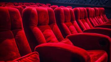 ai gegenereerd rood fluweel theater stoelen badend in zacht licht, uitnodigend kijkers naar onderdompelen zich in een film foto