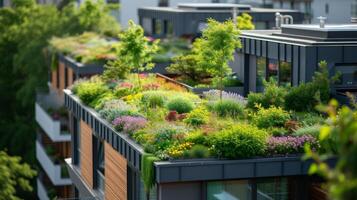 ai gegenereerd op het dak tuinen boven milieuvriendelijk gebouwen, bevorderen energiezuinig stedelijk leven foto