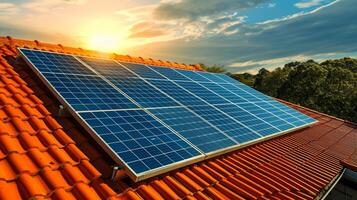 ai gegenereerd zonovergoten zonne- panelen glinsterend Aan daken, vastleggen de macht van de zon foto