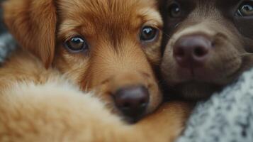 ai gegenereerd een inschrijving verbinding is voelde net zo de puppy's slot ogen met de camera, foto