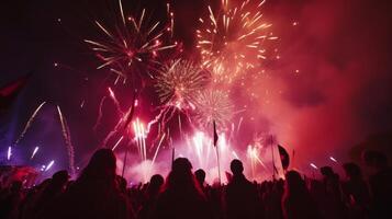 ai gegenereerd levendig vuurwerk verhelderend de nacht lucht gedurende een muziek- festival, creëren een betoverend schouwspel foto