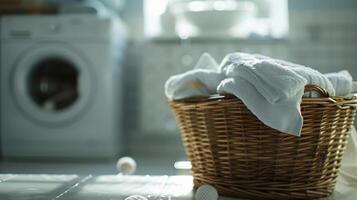 ai gegenereerd mand van handdoeken en wasserij in voorkant van het wassen machine foto