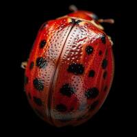 ai gegenereerd een macro schot van een lieveheersbeestje gevlekte schelp, markeren haar miniatuur grootte en glanzend rood kleur. foto