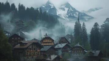 ai gegenereerd een vreemd dorp genesteld in de Zwitsers Alpen, met houten chalets en met sneeuw bedekt pieken creëren een sprookje tafereel foto