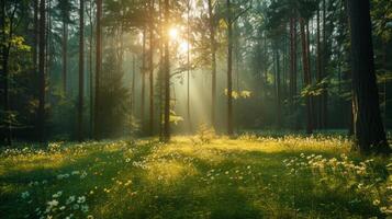 ai gegenereerd een sereen Woud opruimen, met zonlicht filteren door de bomen en wilde bloemen vloerbedekking de Woud verdieping foto