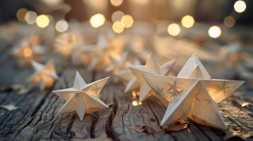 ai gegenereerd vastleggen de kunstenaarstalent van origami. delicaat papier sterren sieren een houten tafel foto