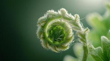 ai gegenereerd de delicaat kromme van een varen varenblad, ontrollen Leuk vinden een miniatuur werk van kunst foto