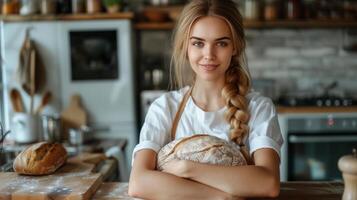 ai gegenereerd een vrouw staat in de keuken. foto