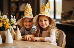 ai gegenereerd kinderen en baby met konijn oren zijn spelen met Pasen eieren Bij de dining tafel. foto