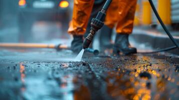 ai gegenereerd arbeiders gebruik makend van druk wasmachine naar schoon opritten voor professioneel schoonmaak onderhoud. foto