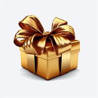ai gegenereerd goud 3d geschenk doos versierd met een groot feestelijk boog geïsoleerd Aan een wit achtergrond foto