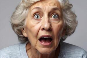 ai gegenereerd studio beeld van een ouderen vrouw met een geschokt uitdrukking Aan haar gezicht. foto