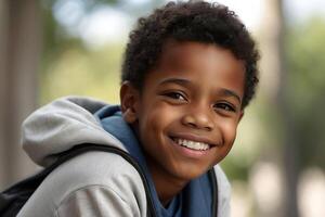 ai gegenereerd portret van een stedelijk jong zwart jongen glimlachen Bij de camera. web ontwerp afbeelding. foto