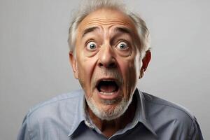 ai gegenereerd een beeld van een ouderen Mens met een uitdrukking van schok en verrassing Aan zijn gezicht. foto