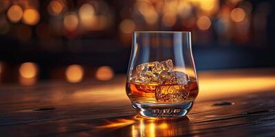 ai gegenereerd glas van whisky met ijs Aan een houten bar balie. klassiek whisky in een glas in een afm bar met kopiëren ruimte. foto