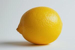 ai gegenereerd detailopname van een vers geel citroen geïsoleerd Aan een wit achtergrond deze beeld vangt een levendig geel citroen met een getextureerde huid, prominent weergegeven tegen een schoon, wit achtergrond. foto
