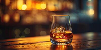 ai gegenereerd glas van whisky met ijs Aan een houten bar balie. klassiek whisky in een glas in een afm bar met kopiëren ruimte. foto